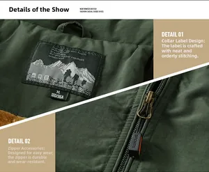 Detail view of the waterproof men's jacket showing functional labels and metal sports zipper