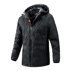 Men's black hooded quilted jacket with geometric stitching and camo lining coat