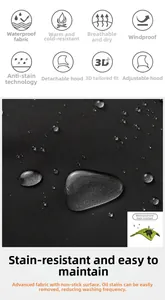 Detail of waterproof tech fabric with water droplets and 3D cut windproof features