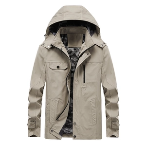 Khaki men's hooded windbreaker jacket with camouflage lining and chest pockets