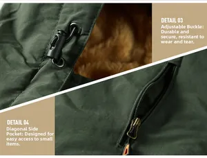 Detail of military green winter jacket with plush lining and drawstring toggles