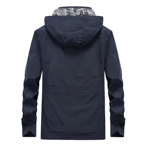 Men's navy hooded windbreaker with camouflage lining and adjustable cuffs