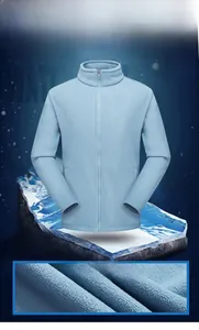 Detail of warm fleece lining on blue outdoor jacket with waterproof and windproof texture