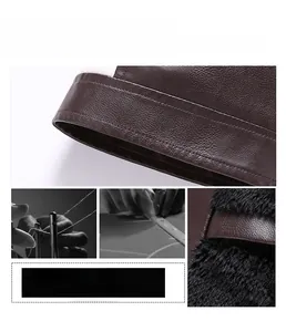 Detail of faux leather jacket featuring lychee texture and warm black fleece lining