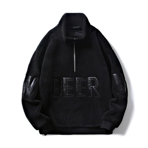 Veste polaire noire pour homme avec demi-zip, patch BEER et texture sherpa douce