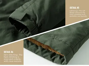 Detail view of military green jacket featuring adjustable cuffs and warm fleece lining
