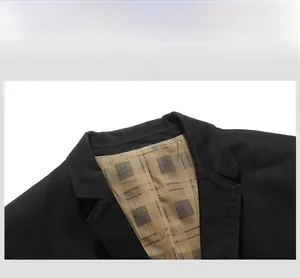 Detail of men's blazer collar featuring khaki plaid lining and premium stitching
