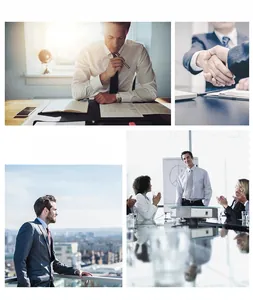 Collage of formal white business shirt and navy suits in professional office scenarios