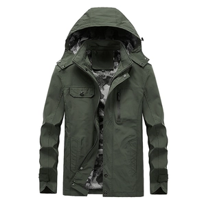 Men's dark green hooded jacket with stand collar and durable windproof fabric