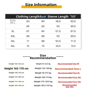 Detailed size chart for men's loose baseball jacket from M to 4XL with measurements