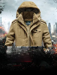 Close-up of khaki hooded tactical jacket featuring chest flap pockets and thick warm lining