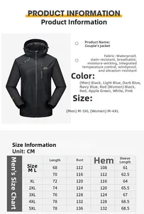 Detailed size chart for men's outdoor waterproof jacket with measurements in cm