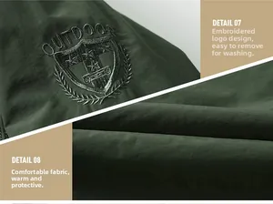 Detail of outdoor jacket with embroidered emblem and thermal windproof fabric