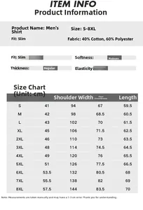 Detailed size chart for men's slim fit long sleeve white dress shirt from S to 8XL