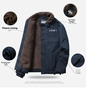 Detail view of winter bomber jacket with plush fleece lining and A.R.M.Y. logo print