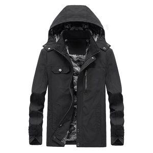 Men's black hooded windbreaker jacket with functional pockets and camouflage lining