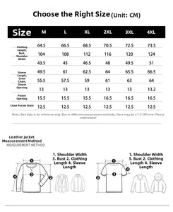 Detailed size chart for slim fit PU leather motorcycle jacket from sizes M to 4XL