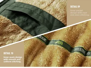Detail of warm brown fleece lining and inner pocket for men outdoor jacket