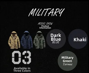 Three-color military style hooded parka jackets in blue, khaki, and army green