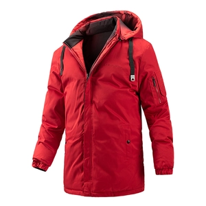 Parka d'hiver rouge à capuche pour homme en tissu coupe-vent avec poche bras