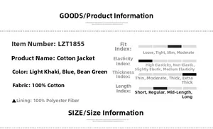 Detailed chart showing 100% cotton fabric and polyester lining specs for winter jacket
