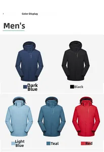 Detail view of water-resistant hooded outdoor jackets in five distinct color options