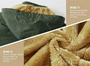Detail view of men's winter jacket with thermal fleece lining and windproof hooded design