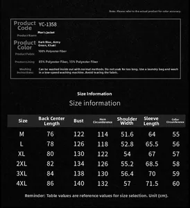 Detailed size chart for men's winter jacket with measurements and care instructions