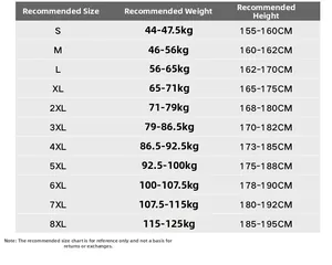 Detailed size chart for men's shirts ranging from S to 8XL with height and weight guides
