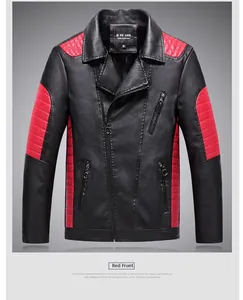 Front detail of men's biker jacket with red quilted panels and diagonal zipper closure
