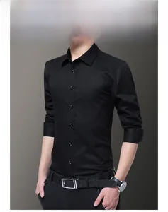 Detail of slim-fit black long-sleeve dress shirt with glossy finish and matching buttons