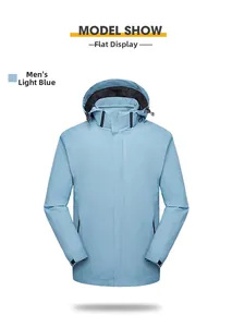 Detail view of men's light blue waterproof jacket with hood and EXPLORE chest logo