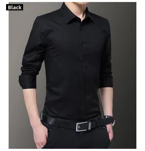 Close-up detail of slim fit black long sleeve dress shirt with button-down collar