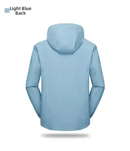 Back view of light blue hooded outdoor jacket with reflective hem detail and elastic cuffs
