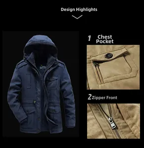 Detail view of winter parka featuring functional chest pockets and durable metal zipper