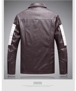 Back view of brown motorcycle leather jacket with white quilted sleeve patterns and zipper cuffs