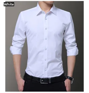 Close-up of a white men's slim fit dress shirt with sharp collar and premium cotton texture