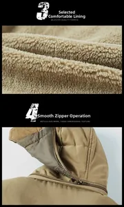 Detail view of the warm faux fur lining and smooth metal zipper of the khaki winter parka