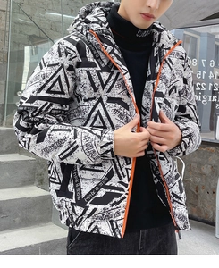 Macro detail of the full graphic print on a stylish men's hooded down jacket