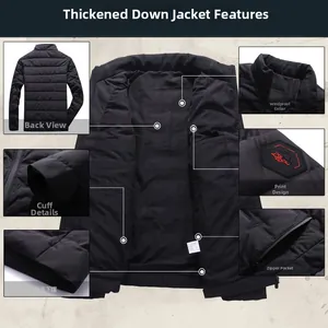 Macro details of black winter down jacket with stand collar and red octagonal logo