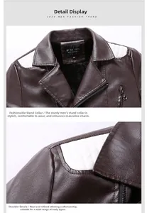 Detailed view of the dark brown motorcycle jacket with white quilted shoulder patches