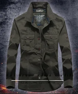 Detail view of olive green military tactical shirt with double chest pockets and embroidery