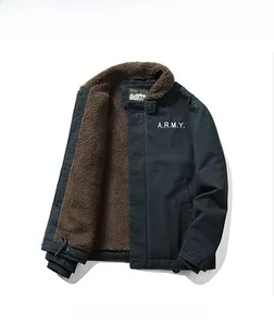 Close-up of winter utility jacket with brown lamb wool lining and ARMY chest print