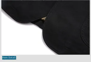 Detailed macro view of the sleek hemline and stitching on this men's casual suit jacket