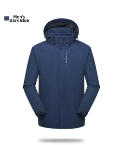 Detail of dark blue waterproof outdoor jacket with vertical EXPLORE zip pocket
