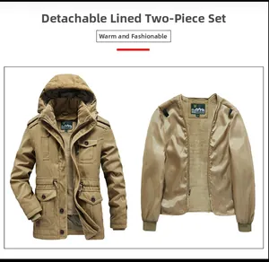 Detail view of khaki winter jacket with detachable lining and hooded utility design