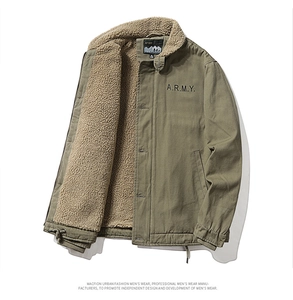 Detail view of army green flight jacket with sherpa lining and A.R.M.Y embroidery