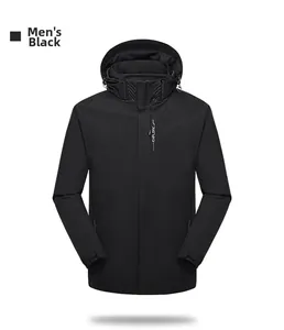 Detail of men's black waterproof jacket showing adjustable hood and EXPLORE zipper design