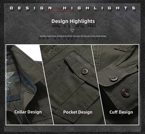 Detailed close-up of collar, embroidered chest pocket and buttoned cuffs on military shirt