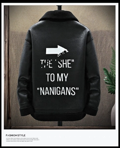 Back view of a men's black faux shearling jacket with white arrow graphic and lettering